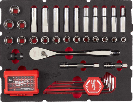 Zestaw grzechotek Milwaukee ½″, kluczy sześciokątnych i imbusowych we wkładce piankowej Packout™ - 70 sztuk - 4932480716
