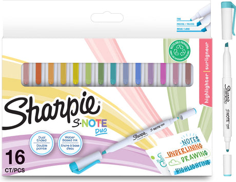 Duet rozświetlaczy Sharpie s-note | dwustronne kreatywne markery pastelowe | końcówka kulkowa i klinowa do podkreślania, rysowania, robienia notatek i nie tylko | 16 sztuk