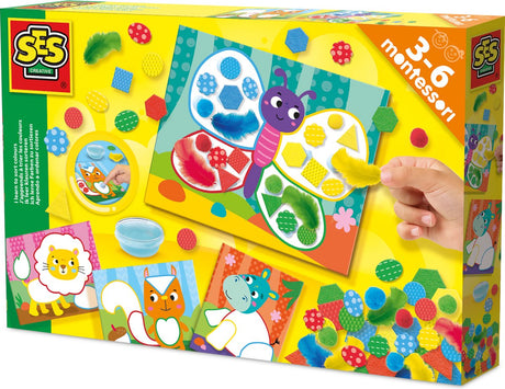 Ses Creative 14062 Zabawki Montessori sortujące kolory i materiały - 4 karteczki samoprzylepne - zabawki sensoryczne - piórka, pianka strukturalna, filc i klej do palców