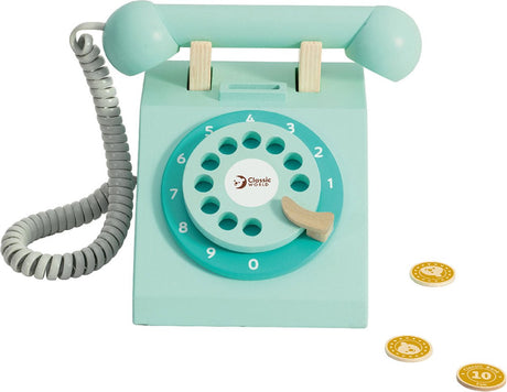 Klasyczny światowy drewniany telefon retro w kolorze turkusowym