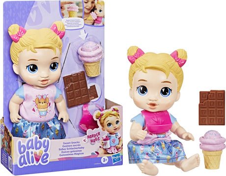 Baby Alive słodkie przekąski harfiarskie uściski, lalka z akcesoriami do karmienia - blond włosy - 28 cm