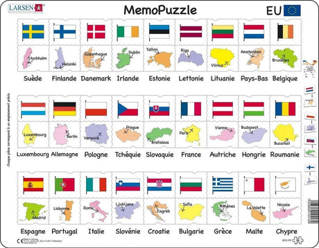 Larsen drapeaux et capitales de l'union européenne – puzzle mémo – union européenne – drapeaux et capitales – puzzle éducatif pour enfants – 54 sztuki – fabrique en Norvège – kawałki dodatkowe épaisses de 2,5 mm – plateau z bord fixe