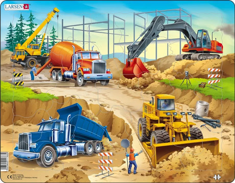 Larsen plac budowy – puzzle – technologia pojazdów – plac budowy – puzzle edukacyjne dla dzieci – 30 elementów – wyprodukowano w Norwegii – bardzo grube elementy 2,5 mm – tacka ze stałą krawędzią