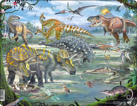 Dinozaury Larsen z epoki kredowej - puzzle - zwierzęta - prehistoria - puzzle edukacyjne dla dzieci - 65 elementów - wyprodukowane w Norwegii - bardzo grube elementy 2,5 mm - tacka ze stałą krawędzią