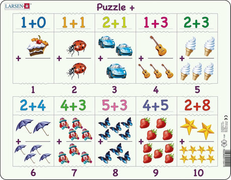 Larsen dodawanie do 10 z obrazkami - puzzle - nauka liczenia - dodawanie - puzzle edukacyjne dla dzieci - 20 elementów - wyprodukowane w Norwegii - bardzo grube elementy 2,5 mm - tacka ze stałą krawędzią