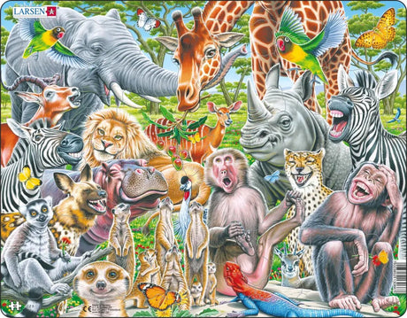 Larsen szczęśliwe zwierzęta Afryki – puzzle – zwierzęta – Afryka – puzzle edukacyjne dla dzieci – 43 elementy – wyprodukowane w Norwegii – bardzo grube elementy 2,5 mm – tacka ze stałą krawędzią