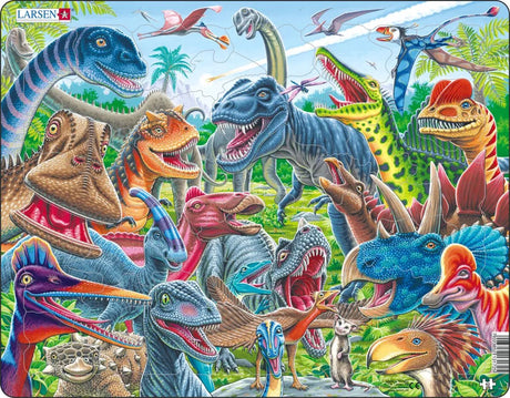 Larsen szczęśliwe dinozaury - puzzle - zwierzęta - prehistoria - puzzle edukacyjne dla dzieci - 43 elementy - wyprodukowane w Norwegii - bardzo grube elementy 2,5 mm - taca ze stałą krawędzią