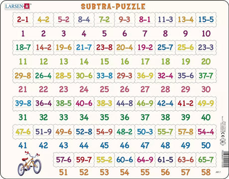Odejmowanie Larsena z obrazkami - puzzle - nauka liczenia - odejmowanie - puzzle edukacyjne dla dzieci - 58 elementów - wyprodukowane w Norwegii - bardzo grube elementy 2,5 mm - tacka ze stałą krawędzią