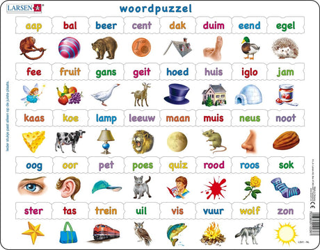 Puzzle słowne Larsen - puzzle - nauka czytania - słowa - puzzle edukacyjne dla dzieci - 40 elementów - wyprodukowane w Norwegii - bardzo grube elementy 2,5 mm - tacka ze stałą krawędzią