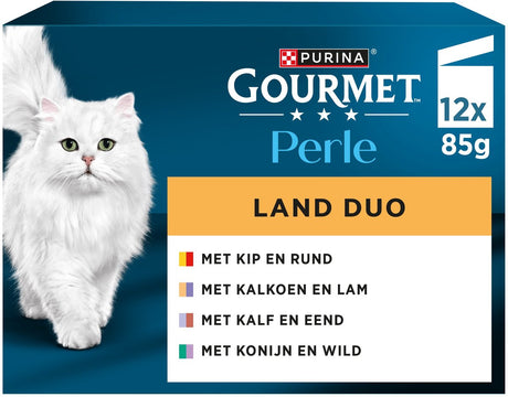 Gourmet Perle Duo – mokra karma dla kotów – kurczak wołowina indyk jagnięcina cielęcina kaczka królik dziczyzna – 48 x 85 g