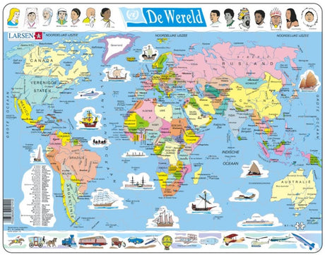 Świat Larsena – puzzle – mapy geografia – mapa świata – puzzle edukacyjne dla dzieci – 107 elementów – wyprodukowane w Norwegii – bardzo grube elementy o grubości 2,5 mm – tacka ze stałą krawędzią