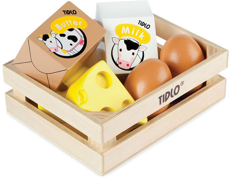Tidlo drewniane jajka i mleko w skrzynce