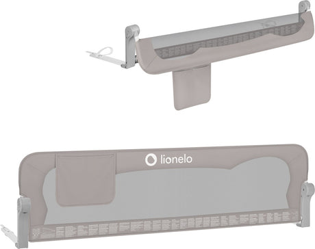 Poręcz łóżeczka Lionelo eva - barierka zabezpieczająca do 27 kg - składana o 180° - szerokość 150 cm - trwała aluminiowa rama - pas bezpieczeństwa, blokada stojaka - dla dzieci 18m-5 lat