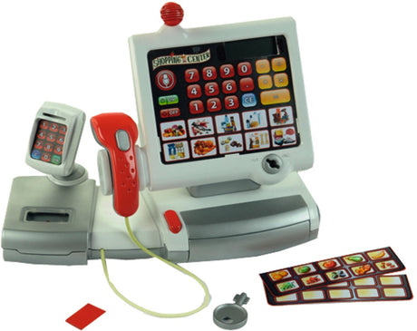 Kasa elektroniczna Klein Toys - touchpad, skaner, waga i funkcja kalkulatora - 31x15,5x23 cm - w zestawie. wirtualne pieniądze, wysuwana szuflada na pieniądze, efekty świetlne i dźwiękowe - szare