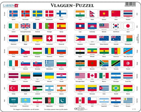 Larsen flagi świata – puzzle – mapy geograficzne – flagi – puzzle edukacyjne dla dzieci – 80 elementów – wyprodukowane w Norwegii – bardzo grube elementy o grubości 2,5 mm – tacka o stałych krawędziach
