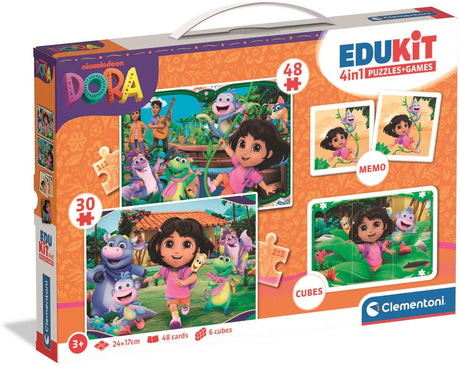 Clementoni - dora the explorer - gry edukacyjne 4 w 1 - 2 puzzle, zestaw klocków i gra pamięciowa - od 3 lat