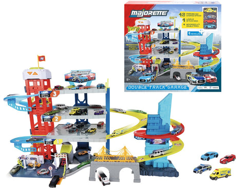 Majorette speelgoedgarage - - double track garage met 4 verdiepingen met 4 auto's, 40 parkeerplaatsen en lift