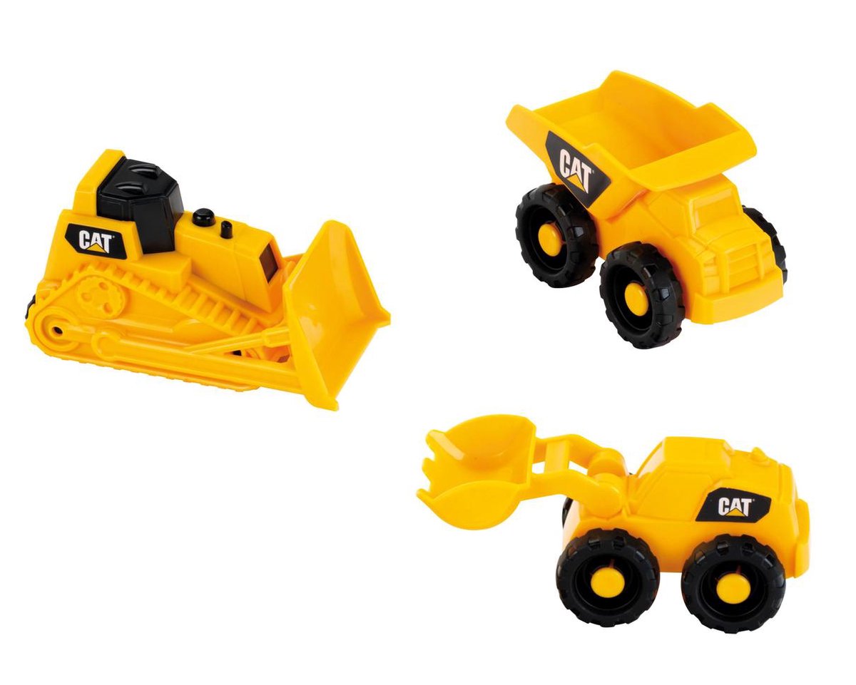 Zestaw pojazdów budowlanych firmy Klein Toys — wywrotka, spychacz i koparka — żółto-czarny