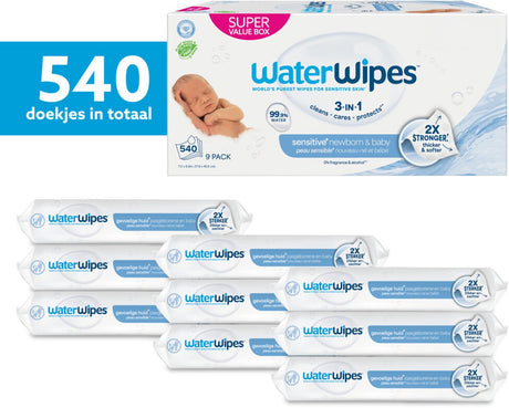 Chusteczki dla niemowląt Waterwipes bio wrażliwe - 99,9% wody - 9 x 60 - 540 chusteczek dla niemowląt