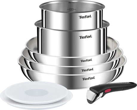 Tefal ingeniomotion l8968s04 – 8-częściowy zestaw patelni – patelnie ze stali nierdzewnej, rondle – zdejmowany uchwyt – hermetyczne pokrywki – możliwość układania w stosy – można używać w piekarniku indukcyjnym