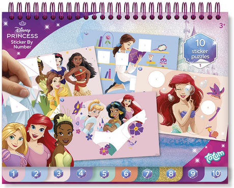 Puzzle z naklejkami Totum Disney Princess - książeczka ćwiczeń - naklejki po numerach - 10 puzzli, 5 arkuszy naklejek i 10 kolorowanek - zabawki dla dzieci - prace ręczne - dla dziewczynek - także dla małych dzieci - od 3 lat -