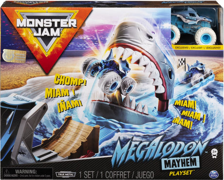 Monster Jam - zestaw Megalodon Mayhem z unikalną metalową ciężarówką Megalodon w skali 1:64