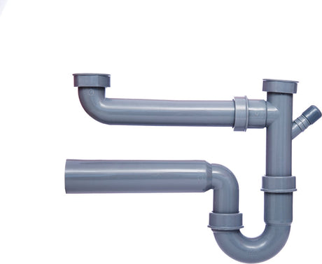 Syfon rurowy z tworzywa sztucznego Kirchhoff eco-save do podwójnego zlewu - szary - 1 1 2 bi x 50 mm - z podłączeniem do urządzeń 3 4