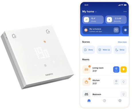 Oryginalny inteligentny termostat Netatmo - przewodowy inteligentny termostat - kontrola aplikacji, wgląd w zużycie energii - kompatybilny z materią - współpracuje z Apple Home, Google Home, Alexa - biały