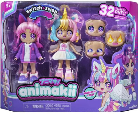 Bandai - jednorożec i nietoperz animakii - konfigurowalny zestaw lalek - 1 lalka, 4 twarze, 2 fryzury, 2 stroje, 2 pary butów - kreatywna zabawka 5 lat + - hea26348