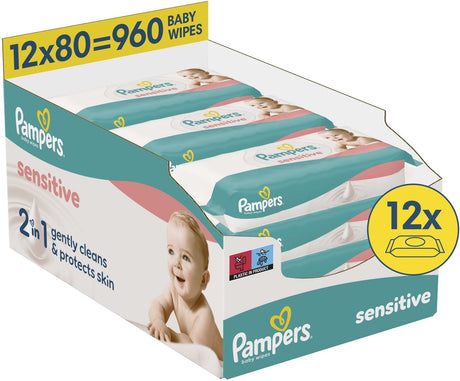 Pampers Sensitive - chusteczki dla niemowląt - 2 w 1 delikatnie oczyszcza i chroni skórę - 12 opakowań po 80 chusteczek = 960 chusteczek dla niemowląt