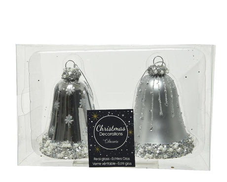 Szklane ozdoby choinkowe Decoris w kształcie zdobionych dzwonków, średnica 6,5 cm x 8 cm, srebrne