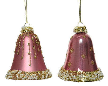 Szklane ozdoby choinkowe Decoris w kształcie zdobionych dzwonków o średnicy 6,5cm x 8 cm w kolorze aksamitnego różu