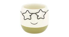 Planter face with glasses ceramic 7.5x7.5x6.5cm green