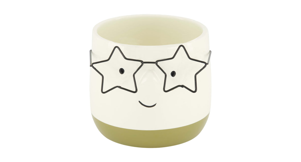 Planter face with glasses ceramic 11.8x11.8x10.5cm green