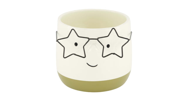 Planter face with glasses ceramic 11.8x11.8x10.5cm green
