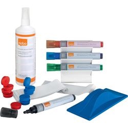 Zestaw startowy do tablicy suchościeralnej Nobo - zawierający 4 markery do tablic suchościeralnych - gumkę - magnesy - spray do czyszczenia