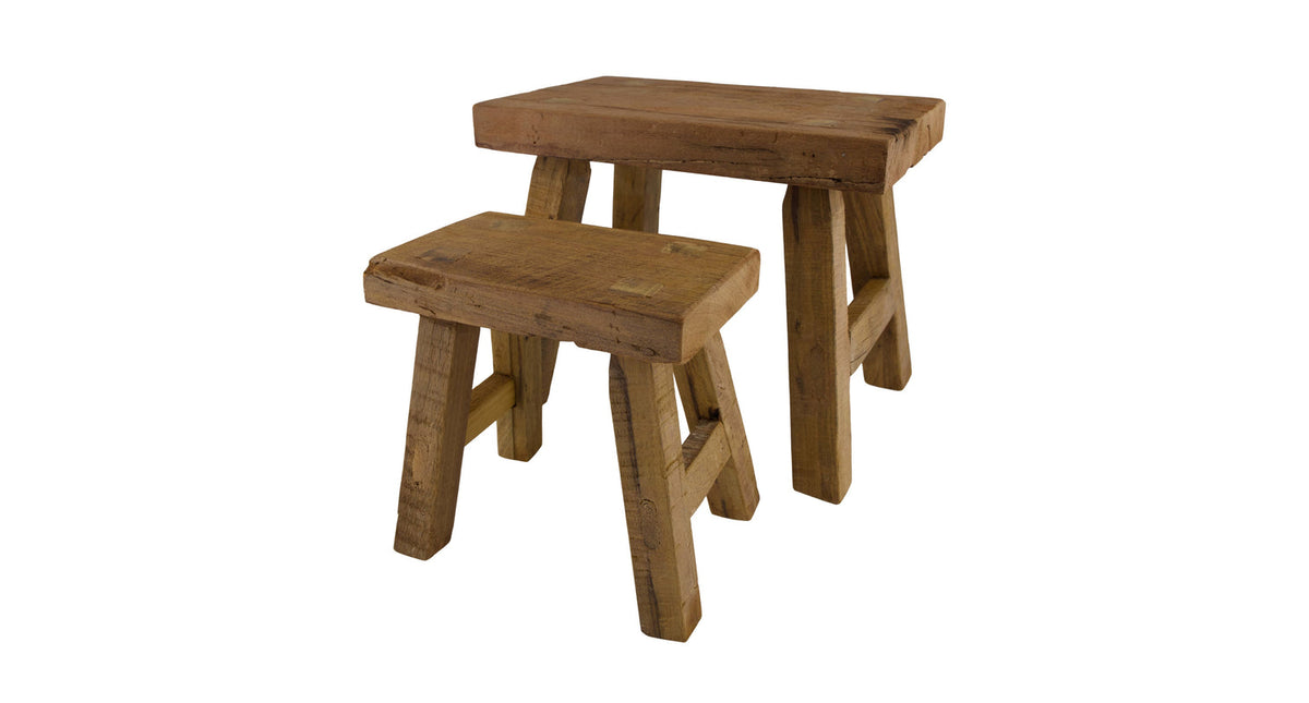 Set 2 stool rectangular reclaimed wood 35x25x30cm brown