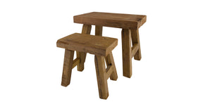 Set 2 stool rectangular reclaimed wood 35x25x30cm brown