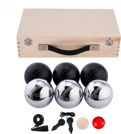 Engelhart metalowe jeu de boules - 6 piłek w drewnianym pudełku - czarno-szary - luksusowy zestaw - pétanque - boule - kulki metalowe - odpowiednie na każde boisko do gry w bule - longfield