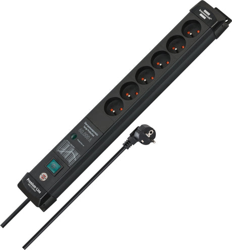 Listwa zasilająca Brennerstuhl premium-line 60 000 A z zabezpieczeniem przeciwprzepięciowym 6-kierunkowa czarna 3m h05vv-f 3g1.5 *be*
