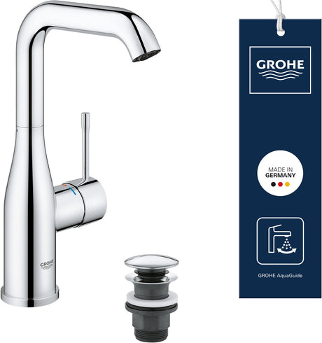 Bateria umywalkowa Grohe Essence - wysoka obrotowa wylewka - z korkiem klikalnym (wciśnij otwarty) - oszczędność wody