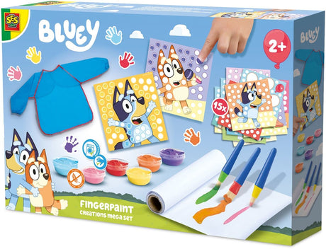 Ses kreatywny bluey - farba do malowania palcami - mega zestaw - wegański bezglutenowy - łatwy do prania - dla dzieci od 2 lat - 15 kart i 1 fartuszek