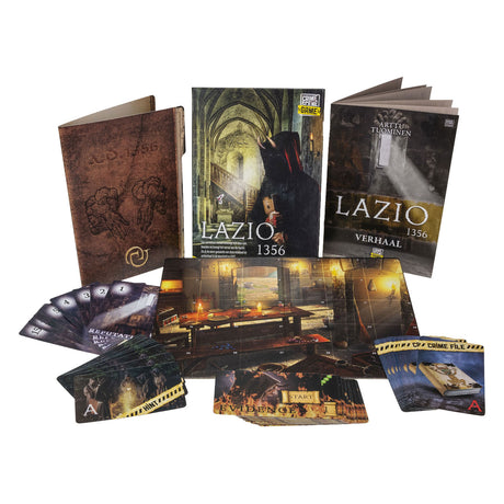 Taktyczne miejsce zbrodni Lazio 1356 – gra planszowa – gra kryminalna – tajemnica historyczna w klasztorze – dogłębne dochodzenie i dedukcja – seria scen zbrodni – studio burzy gier -1 lub więcej graczy – od 18 lat