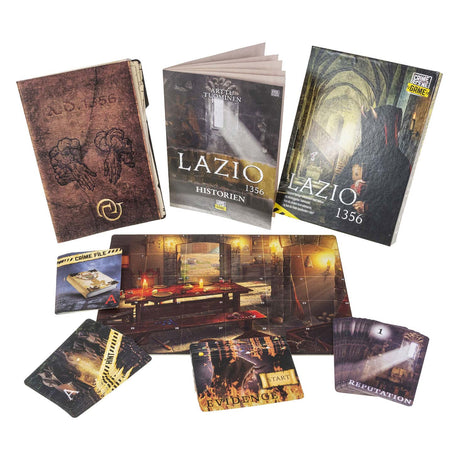 Taktyczne miejsce zbrodni Lazio 1356 – gra planszowa – gra kryminalna – tajemnica historyczna w klasztorze – dogłębne dochodzenie i dedukcja – seria scen zbrodni – studio burzy gier -1 lub więcej graczy – od 18 lat