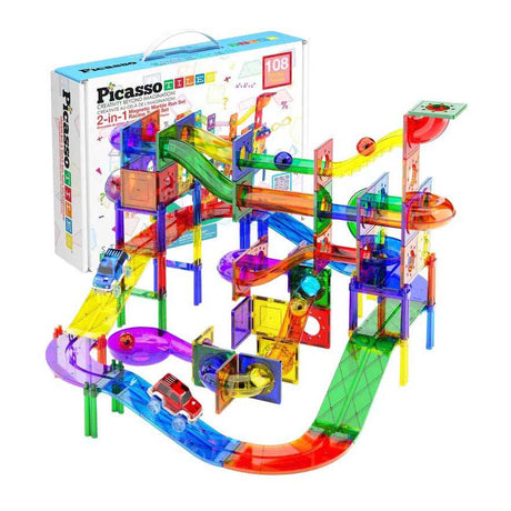 Marmurowy tor i tor wyścigowy Selecta Picassotiles - magnetyczne płytki budowlane - 108 szt.