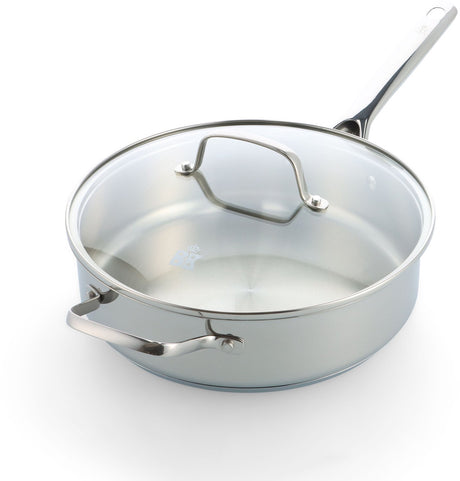 Bk sparkling uncoated hapjespan met deksel 28cm – 3.6l – zonder antikleeflaag – hapjespan inductie – hapjespan rvs - ovenbestendig tot 230°c - rvs handgreep - met glazen deksel - zilver