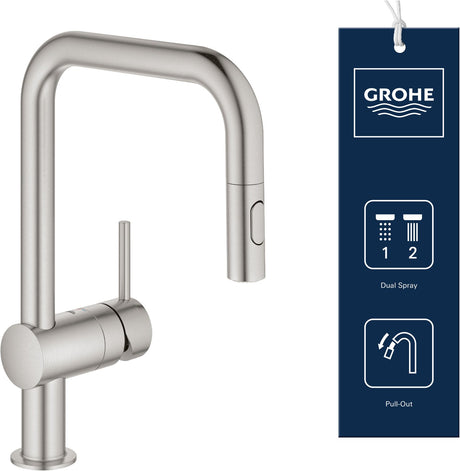 Bateria kuchenna Grohe Minta - z wyciąganą główką prysznicową - 2 rodzaje strumienia - stal nierdzewna (supersteel)