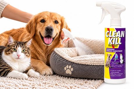 Flamingo spray na pchły - cleankill microfast spray 450ml - spray przeciw pasożytom - przeciwko pchłom - kleszczom - wszom i roztoczom - do mebli i dywanów - nie do stosowania u zwierząt - wyprodukowano w Europie