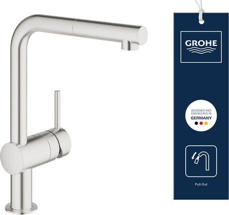 Bateria kuchenna Grohe Minta - wylewka w kształcie litery L - zakres obrotu 360° - z wyciąganą główką prysznicową - super stal (wygląd stali nierdzewnej)