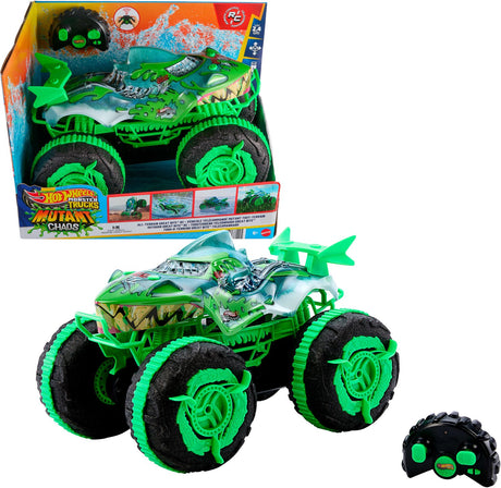 Monster Trucks Hot Wheels pojazd terenowy skrzypiące szczęki - zabawkowa ciężarówka z pilotem - jeździ po lądzie i w wodzie